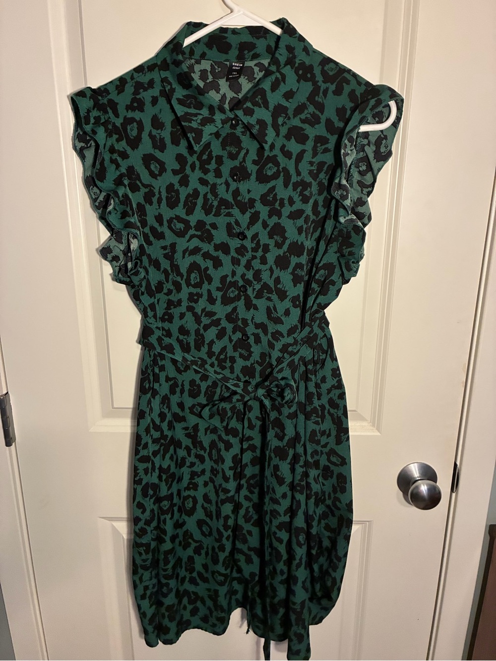 SHEIN Curve Button Down Green and Black Leopard Print Ruffle Dress with Sash 1XL